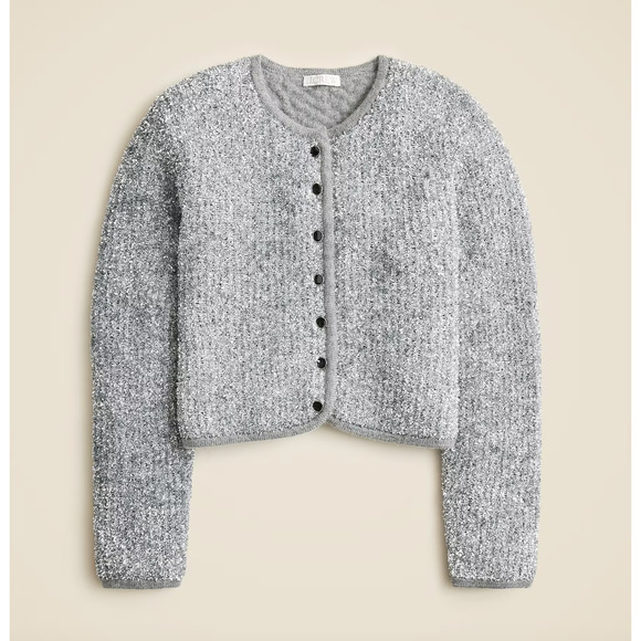 J.Crew Sweater Lady Jacket Silver Tinsel Yarn Metallic Party Gray Large NWT - Picture 4 of 12